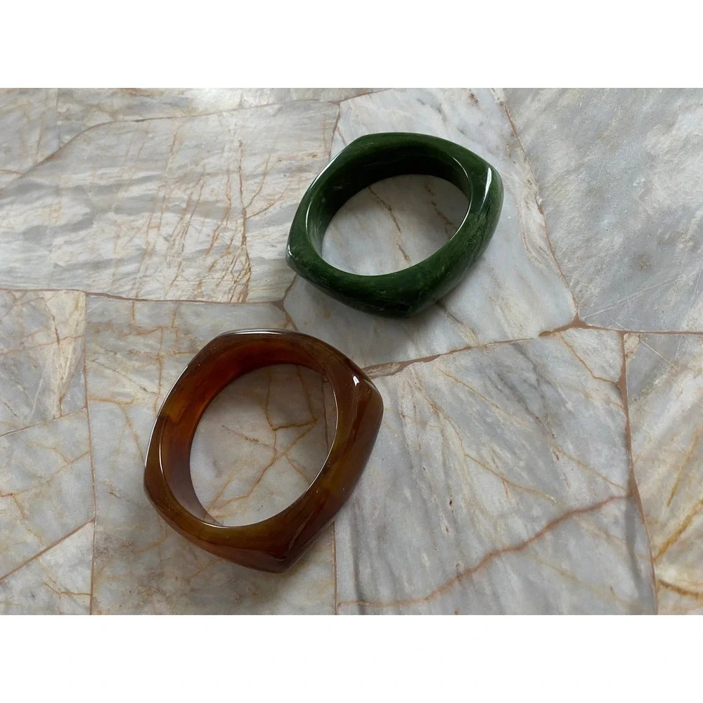 Vintage Style Chunky Square Bangle Bracelet Set Amber Tortoise & Marbled Green - Picture 5 of 8